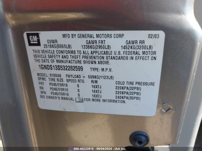 2003 Chevrolet Trailblazer VIN: 1GNDS13S532282599 Lot: 40233915