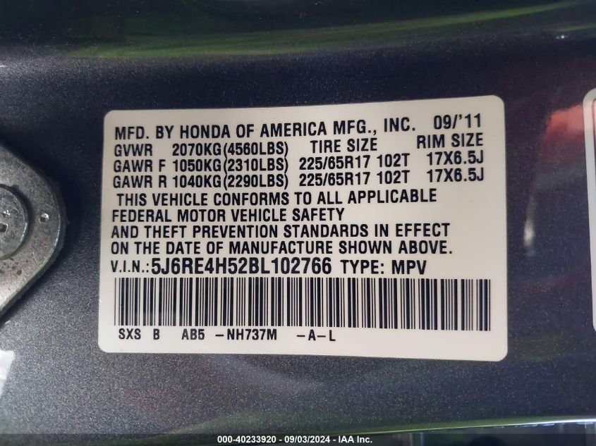 5J6RE4H52BL102766 2011 Honda Cr-V Ex