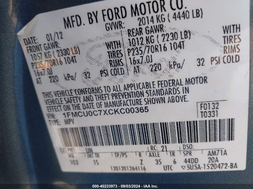 2012 Ford Escape Xls VIN: 1FMCU0C7XCKC00365 Lot: 40233973