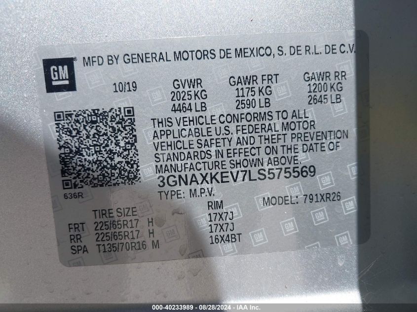 2020 Chevrolet Equinox Fwd Lt 1.5L Turbo VIN: 3GNAXKEV7LS575569 Lot: 40233989