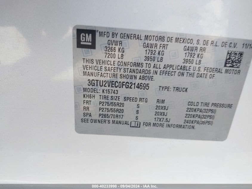 3GTU2VEC0FG214695 2015 GMC Sierra 1500 Slt