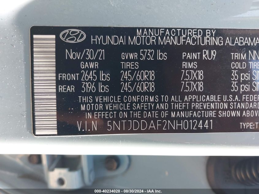 2022 Hyundai Santa Cruz Sel Premium VIN: 5NTJDDAF2NH012441 Lot: 40234028