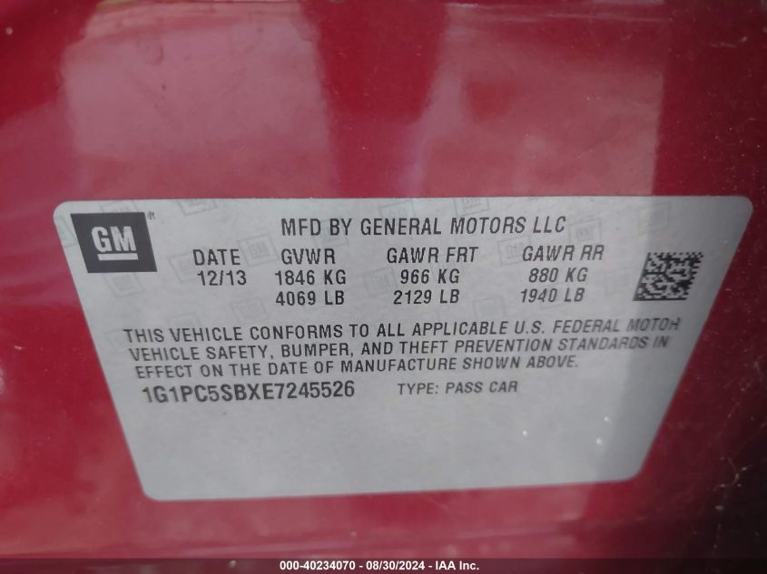 2014 Chevrolet Cruze 1Lt Auto VIN: 1G1PC5SBXE7245526 Lot: 40234070