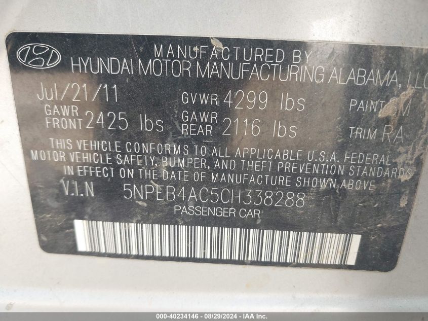 2012 Hyundai Sonata Gls VIN: 5NPEB4AC5CH338288 Lot: 40234146