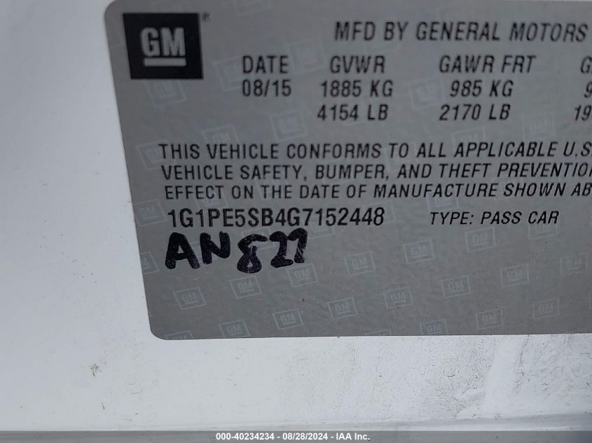 2016 Chevrolet Cruze Limited 1Lt Auto VIN: 1G1PE5SB4G7152448 Lot: 40234234