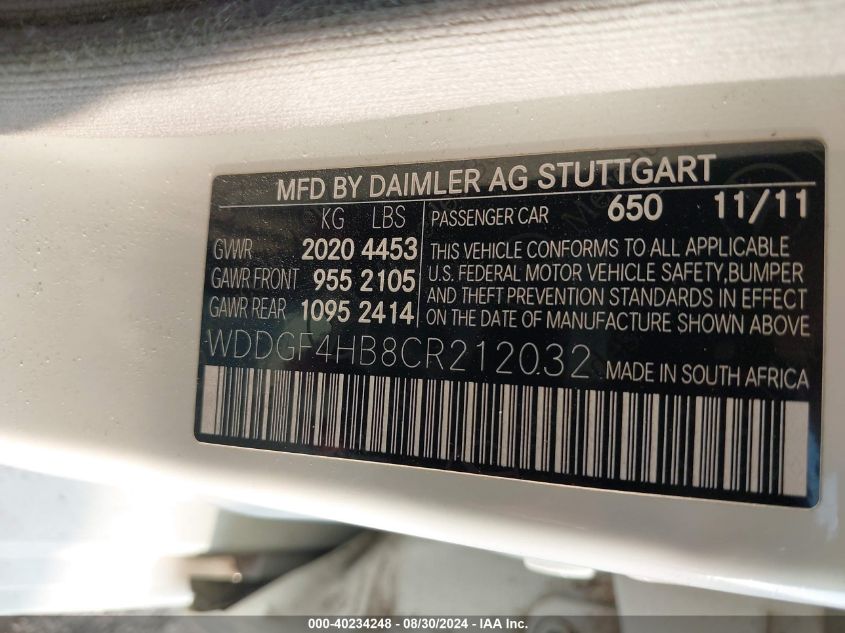 2012 Mercedes-Benz C 250 Luxury/Sport VIN: WDDGF4HB8CR212032 Lot: 40234248