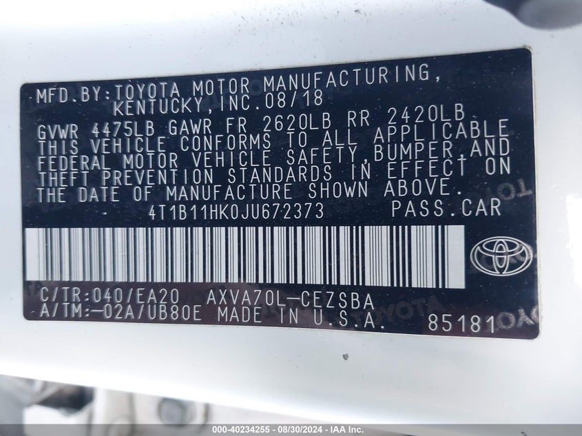 2018 TOYOTA CAMRY SE - 4T1B11HK0JU672373