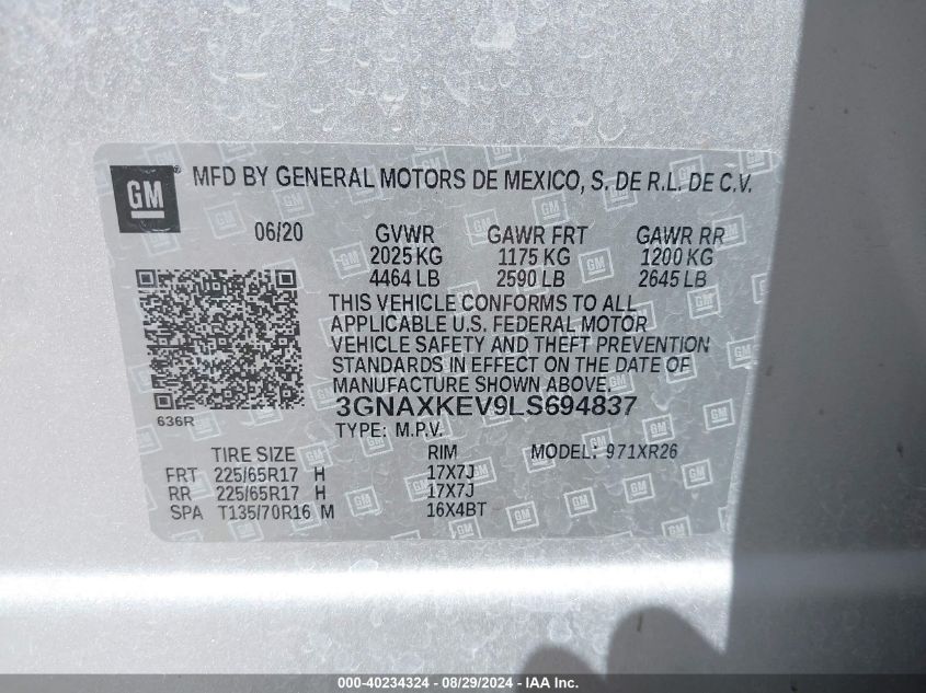 2020 CHEVROLET EQUINOX FWD LT 1.5L TURBO - 3GNAXKEV9LS694837