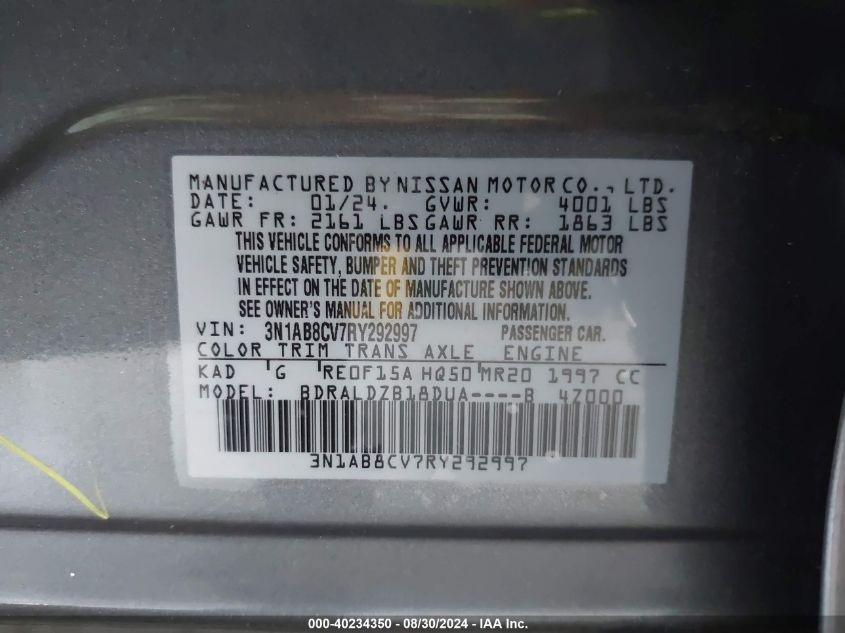 2024 Nissan Sentra Sv Xtronic Cvt VIN: 3N1AB8CV7RY292997 Lot: 40234350