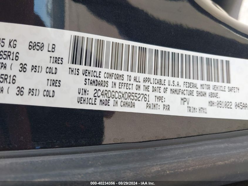 2013 Dodge Grand Caravan Sxt VIN: 2C4RDGCGXDR552761 Lot: 40234356