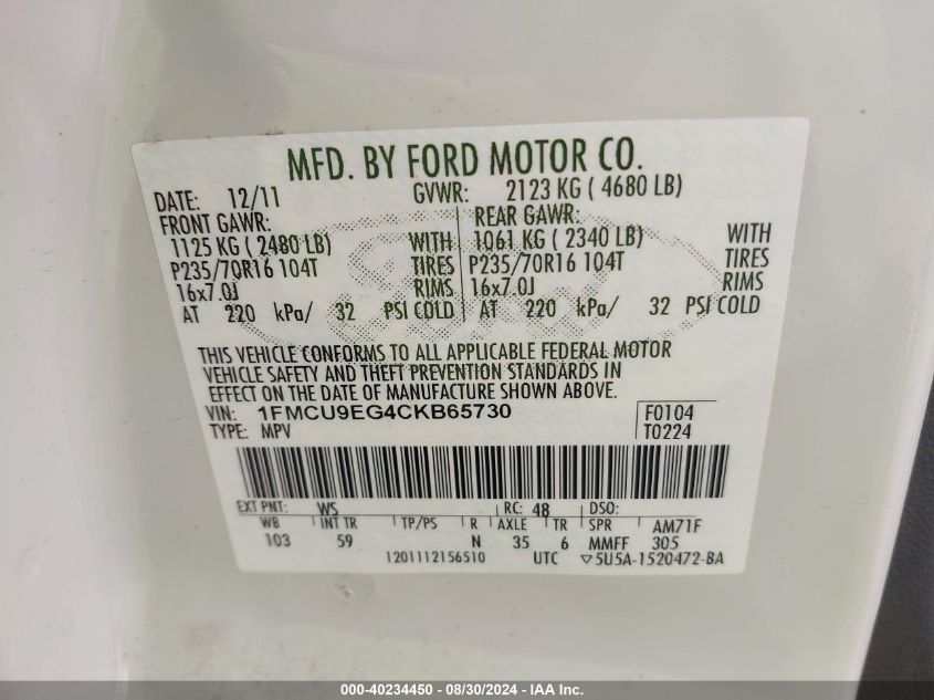 2012 Ford Escape Limited VIN: 1FMCU9EG4CKB65730 Lot: 40234450