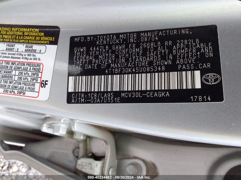 2005 Toyota Camry Xle V6 VIN: 4T1BF30K45U085348 Lot: 40234482