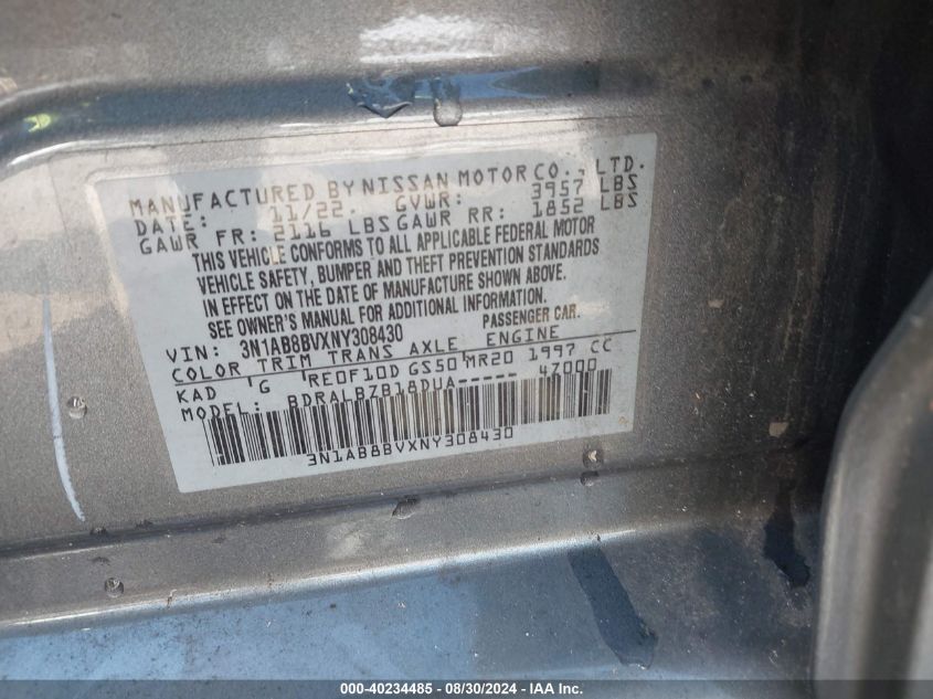 2022 Nissan Sentra S Xtronic Cvt VIN: 3N1AB8BVXNY308430 Lot: 40234485