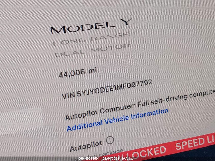 2021 Tesla Model Y Long Range Dual Motor All-Wheel Drive VIN: 5YJYGDEE1MF097792 Lot: 40234501