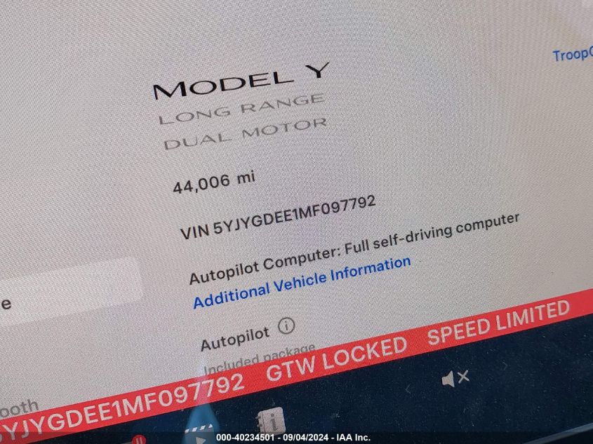 2021 Tesla Model Y Long Range Dual Motor All-Wheel Drive VIN: 5YJYGDEE1MF097792 Lot: 40234501