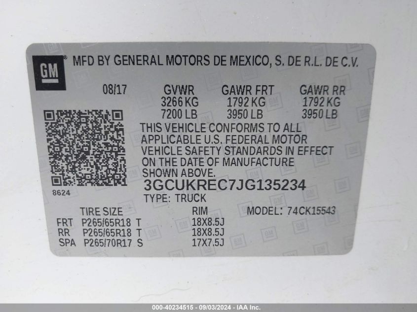 3GCUKREC7JG135234 2018 Chevrolet Silverado 1500 2Lt