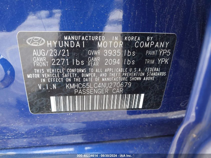 2022 Hyundai Ioniq Hybrid Blue VIN: KMHC65LC4NU270679 Lot: 40234614