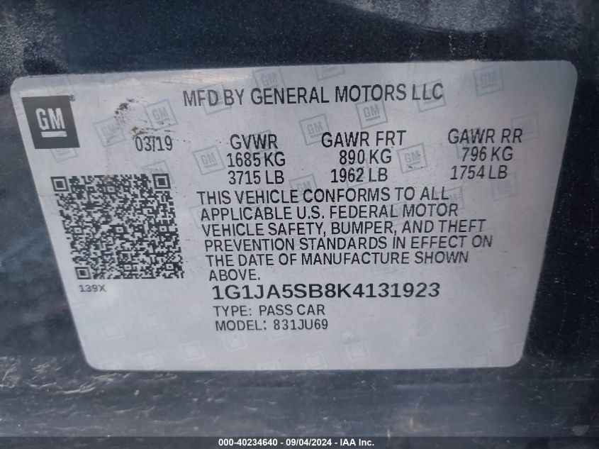 1G1JA5SB8K4131923 2019 Chevrolet Sonic Ls