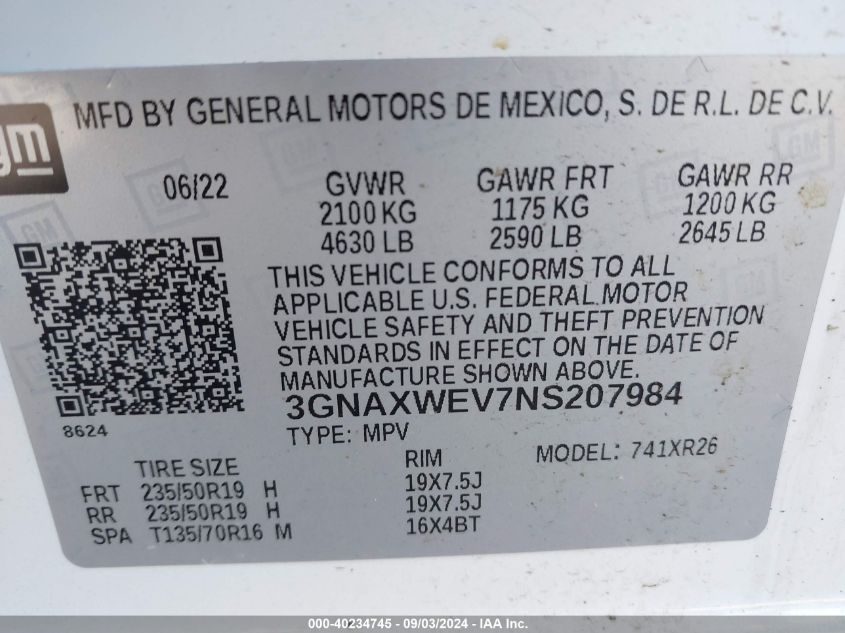 2022 Chevrolet Equinox Awd Rs VIN: 3GNAXWEV7NS207984 Lot: 40234745