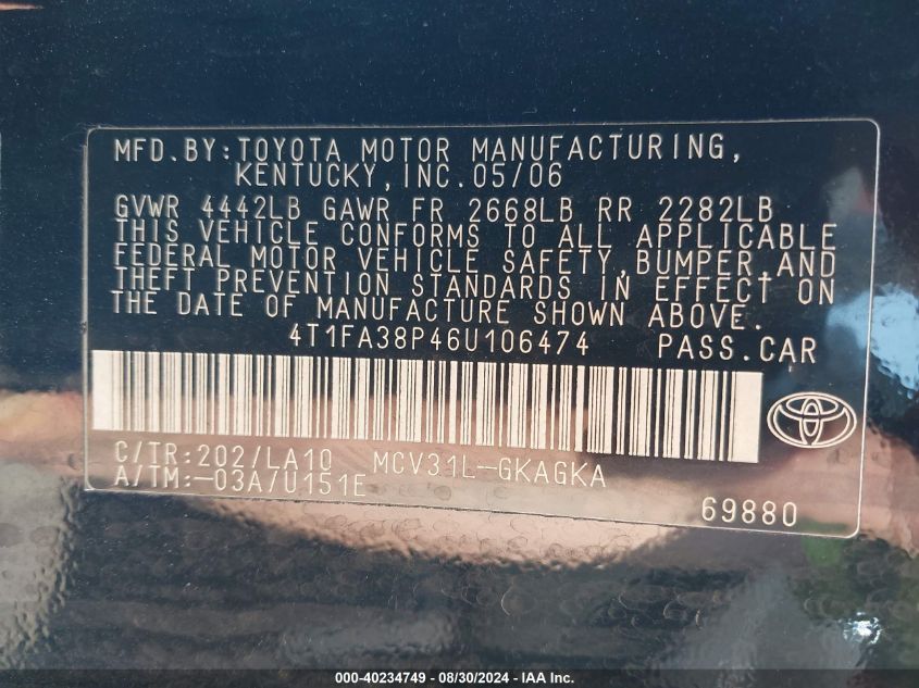 4T1FA38P46U106474 2006 Toyota Camry Solara Sle