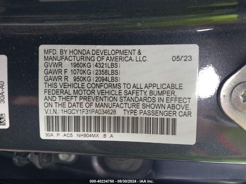 2023 HONDA ACCORD VIN: 1HGCY1F31PA034628