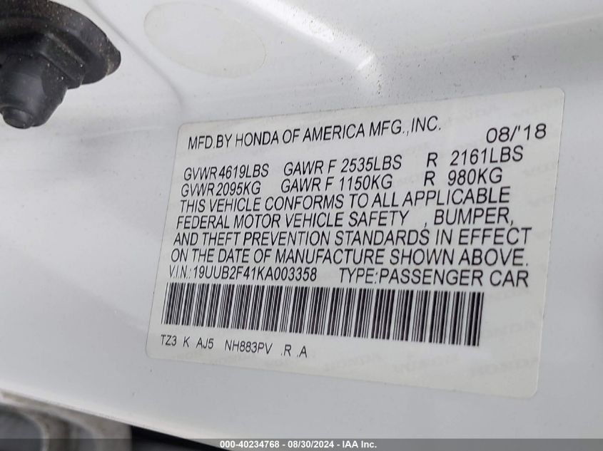 19UUB2F41KA003358 2019 Acura Tlx Tech Pkg