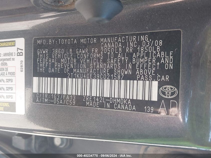 2T1KU40E39C021587 2009 Toyota Matrix