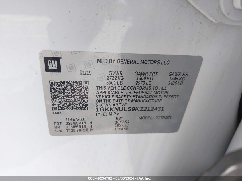 1GKKNULS9KZ212431 2019 GMC Acadia Slt-1