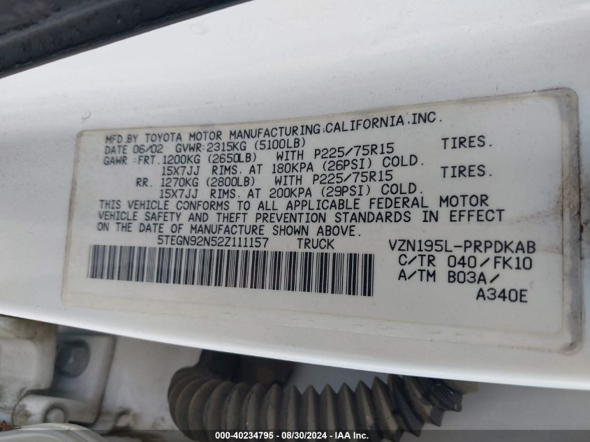 2002 Toyota Tacoma Prerunner V6 VIN: 5TEGN92N52Z111157 Lot: 40234795