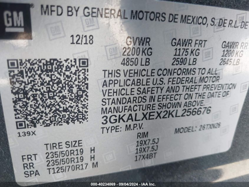 2019 GMC Terrain Denali VIN: 3GKALXEX2KL256676 Lot: 40234869