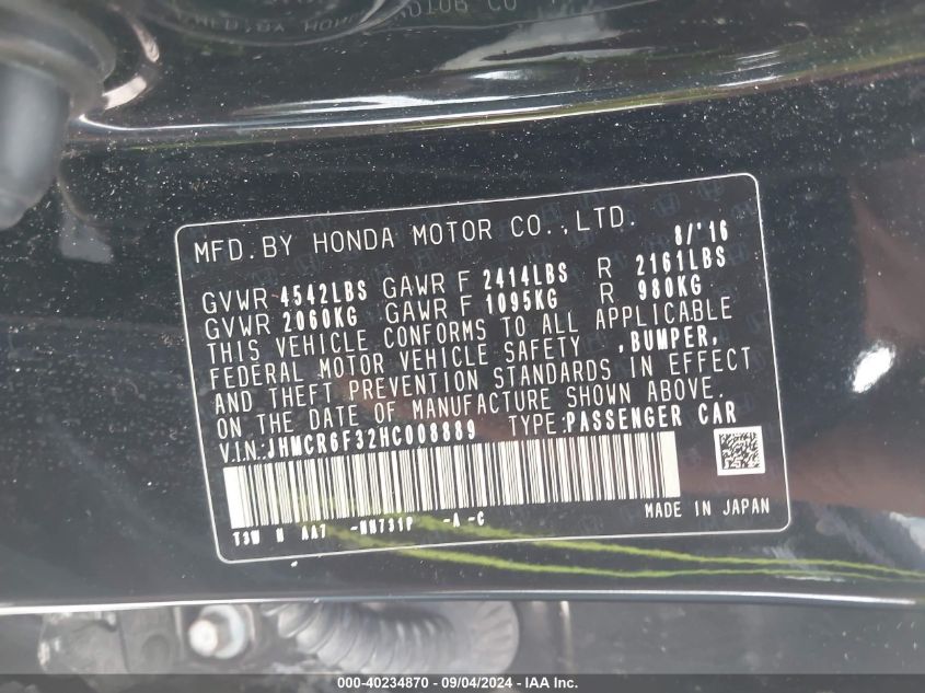 JHMCR6F32HC008889 2017 Honda Accord Hybrid