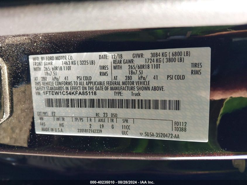 2019 Ford F-150 Lariat VIN: 1FTEW1C54KFA85118 Lot: 40235010
