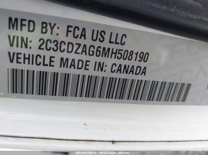 2021 Dodge Challenger Sxt VIN: 2C3CDZAG6MH508190 Lot: 40235014