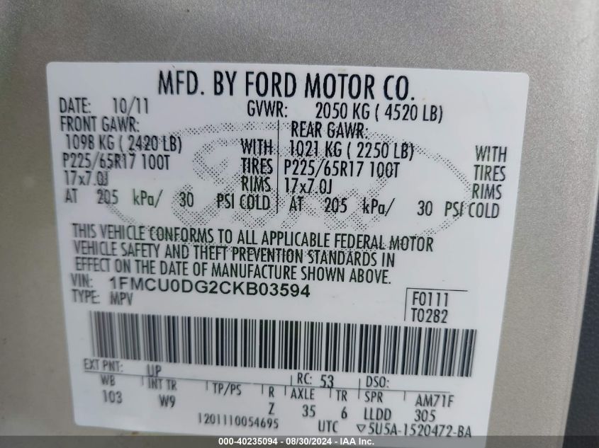 2012 Ford Escape Xlt VIN: 1FMCU0DG2CKB03594 Lot: 40235094