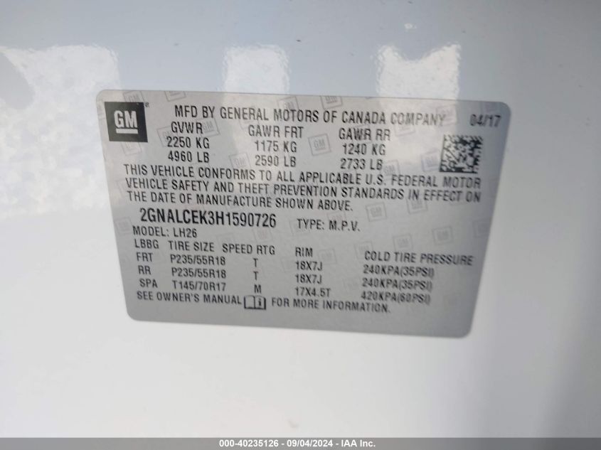 2017 CHEVROLET EQUINOX LT - 2GNALCEK3H1590726