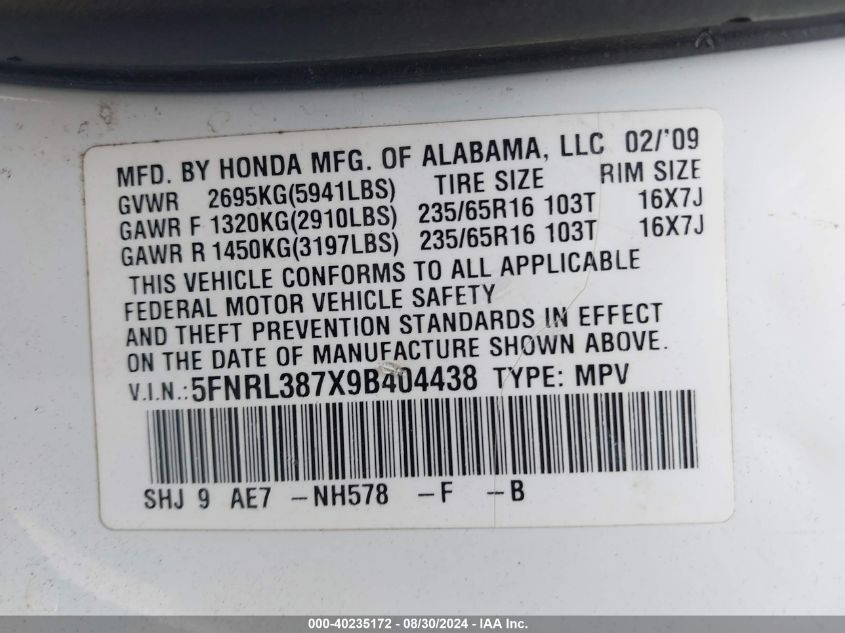 2009 Honda Odyssey Ex-L VIN: 5FNRL387X9B404438 Lot: 40235172