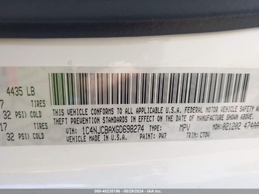 2016 Jeep Compass Sport VIN: 1C4NJCBAXGD698274 Lot: 40235196