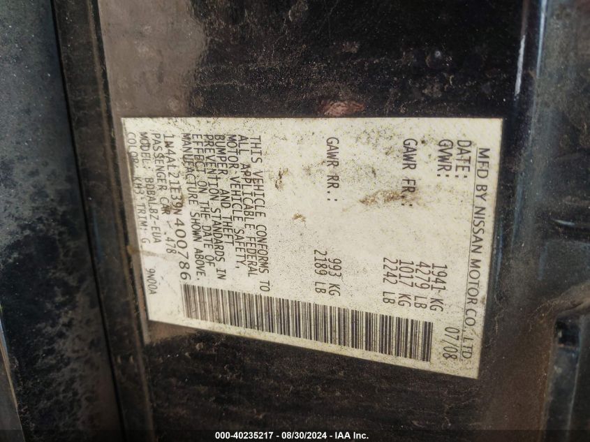 2009 Nissan Altima 2.5 S VIN: 1N4AL21E39N400786 Lot: 40235217