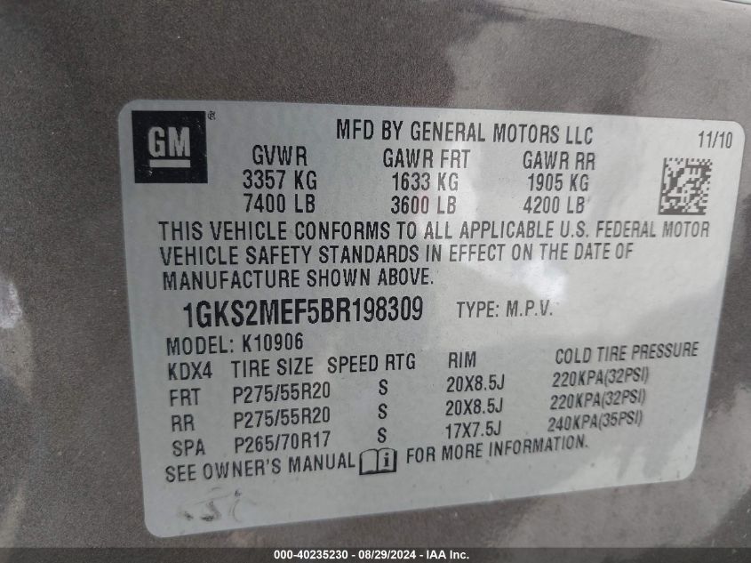 1GKS2MEF5BR198309 2011 GMC Yukon Xl 1500 Denali