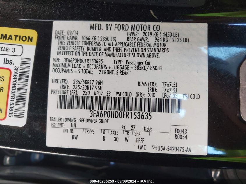 2015 Ford Fusion Se VIN: 3FA6P0HD0FR153635 Lot: 40235259