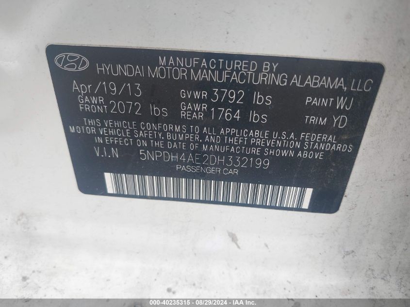 5NPDH4AE2DH332199 2013 Hyundai Elantra Gls
