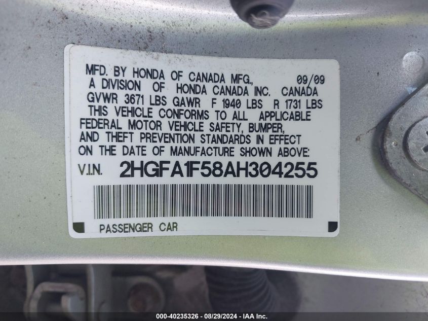 2010 Honda Civic Lx VIN: 2HGFA1F58AH304255 Lot: 40235326