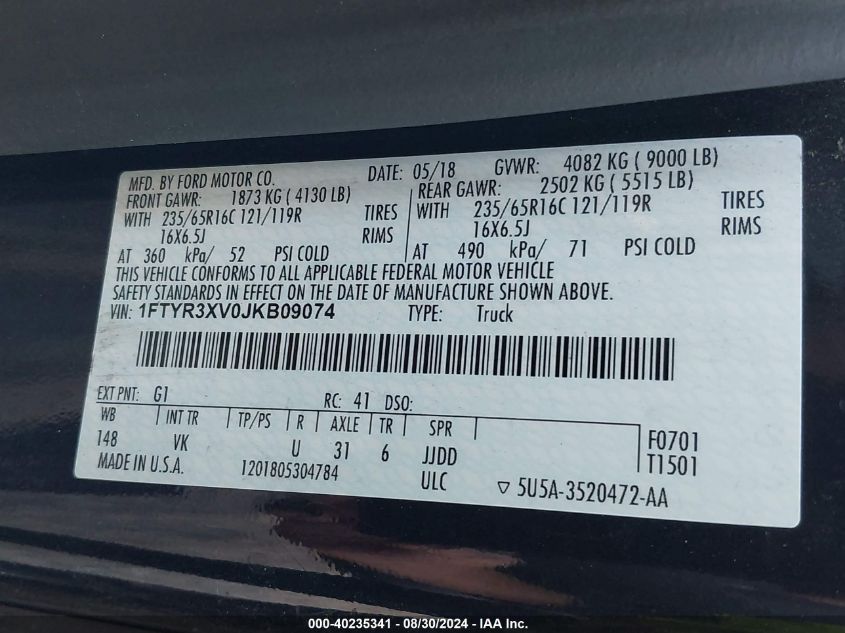 2018 Ford Transit-250 VIN: 1FTYR3XV0JKB09074 Lot: 40235341