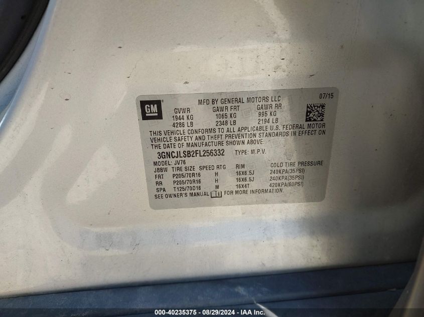 2015 Chevrolet Trax Lt VIN: 3GNCJLSB2FL256332 Lot: 40235375