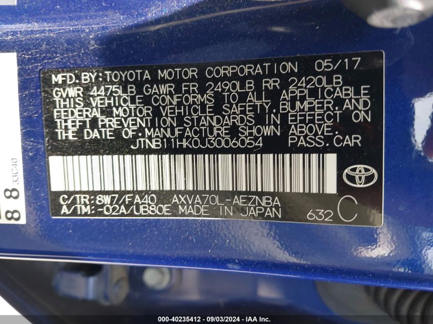 2018 Toyota Camry Le VIN: JTNB11HK0J3006054 Lot: 40235412