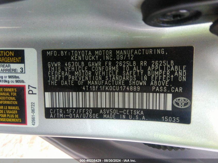 2012 Toyota Camry Se VIN: 4T1BF1FK0CU174889 Lot: 40235429