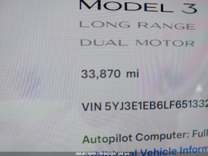 2020 Tesla Model 3 VIN: 5YJ3E1EB6LF651332 Lot: 40235455