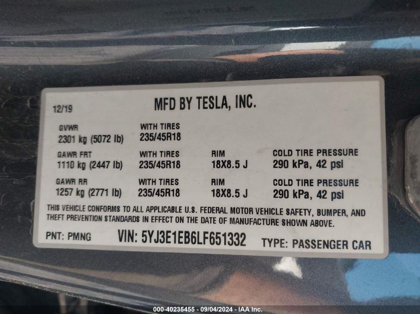 2020 Tesla Model 3 VIN: 5YJ3E1EB6LF651332 Lot: 40235455