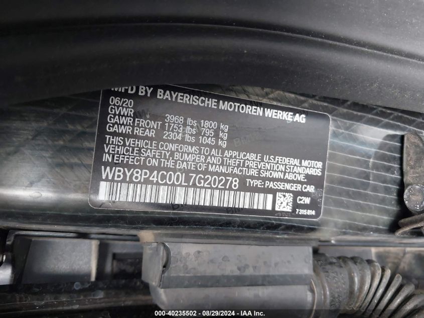 2020 BMW I3 120Ah W/Range Extender VIN: WBY8P4C00L7G20278 Lot: 40235502