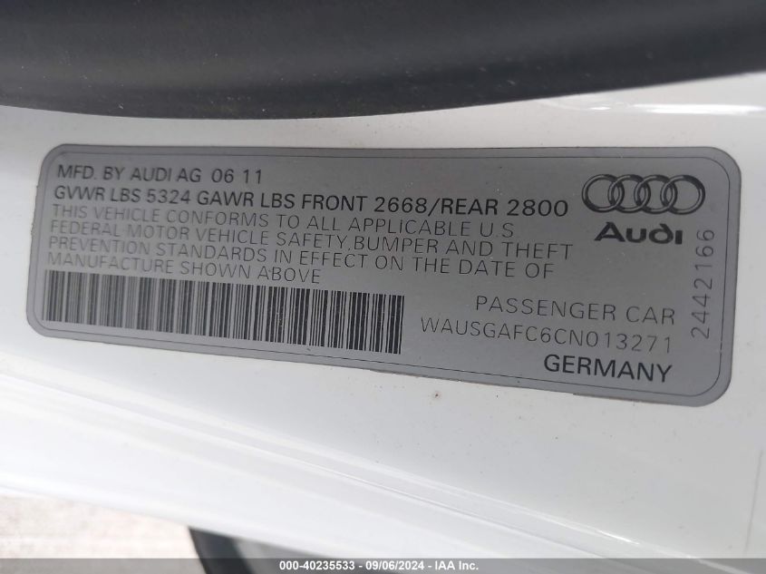 2012 Audi A7 Premium VIN: WAUSGAFC6CN013271 Lot: 40235533